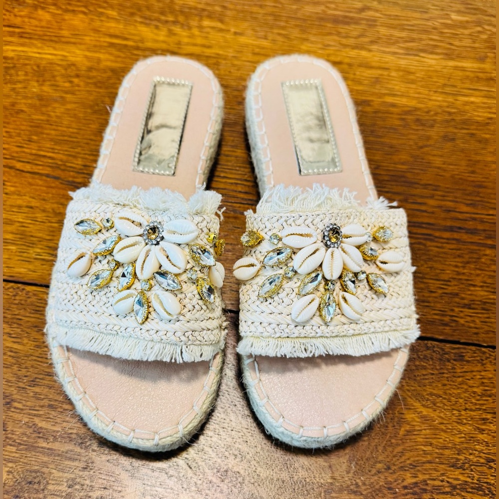 Embellished Cream Slide Sandals